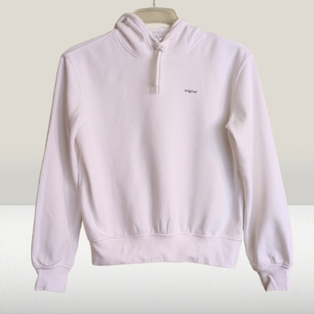 H&M White Hoodie Sweatshirt Original Spell Out Long Sleeves Cotton Blend
